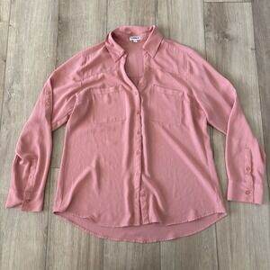 Express Shirt Women's Large Long Sleeve Peach Button Up Semi-Sheer Roll Sleeve